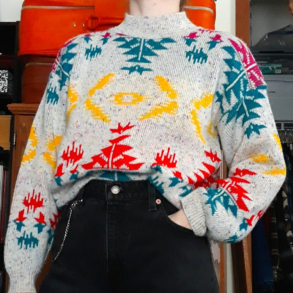 80s GAS Colorful Knit Sweater Turtleneck Mock Neck